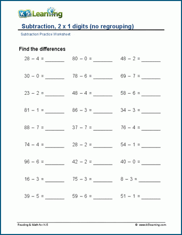 Horizontal subtraction (no regrouping) worksheet