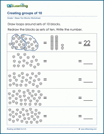 Place value grade 1 worksheet - regrouping into blocks of ten