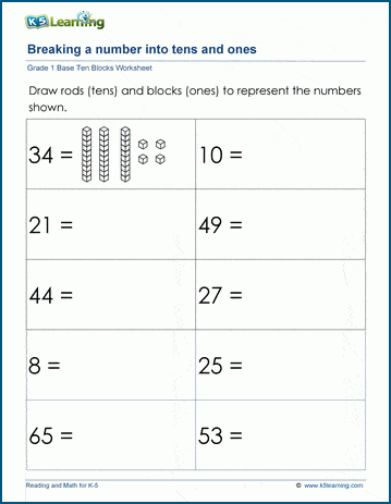 for math 1 grade blocks worksheets base  into worksheets Decomposing K5  10 numbers blocks