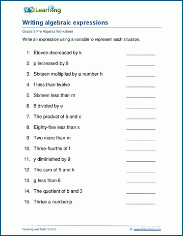 Grade 5 Algebra Worksheets | K5 Learning