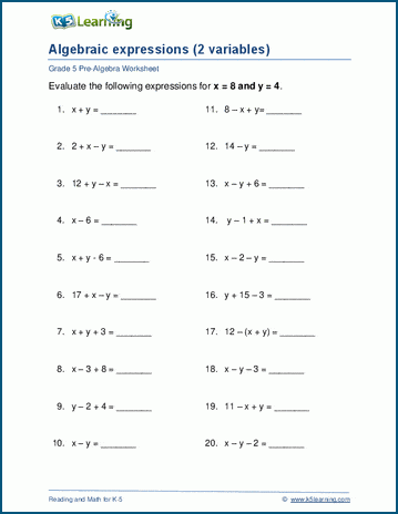 Algebraic expressions with 2 variables worksheet