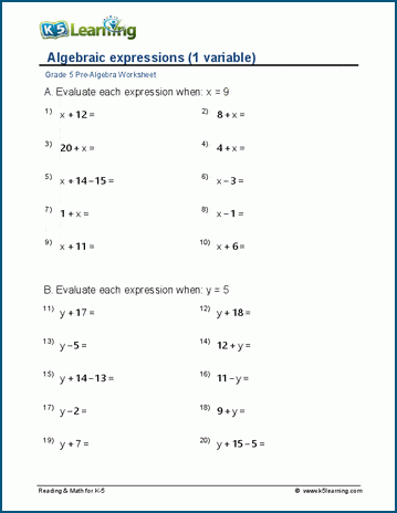 grade 5 algebra worksheets with answers k5 learning