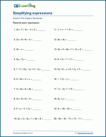 grade 5 algebra worksheets with answers k5 learning