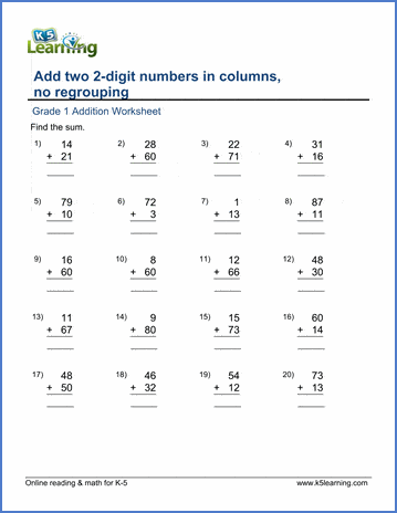 Grade 1 Addition Worksheets Adding Two 2 Digit Numbers In Columns K5 Learning