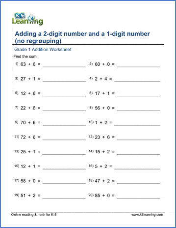 Gr. 1 Worksheets - Add a 2-digit and a 1-digit number (no regrouping