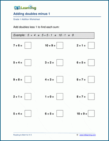 Adding Doubles Minus 1 Worksheets | K5 Learning