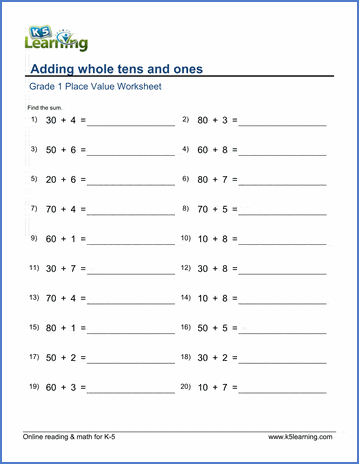 Grade 1 Place Value Worksheet - Adding whole tens & ones ...