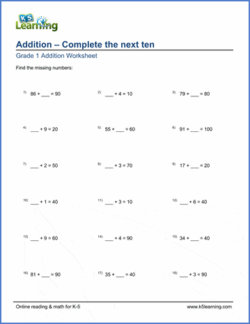 grade 1 addition worksheets complete the next ten k5 learning