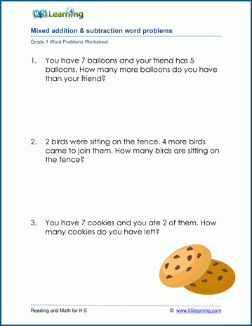 Mixed addition and subtraction word problem worksheets for grade 1 | K5 ...