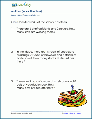 Grade 1 Word Problem Worksheet on adding 2 single digit numbers with sum less than 18