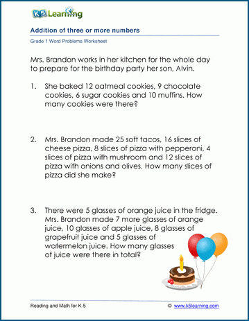 Grade 1 Word Problem Worksheet on adding 3 or more numbers with sum less than 50