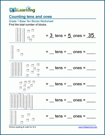 first grade math worksheets base 10 blocks k5 learning