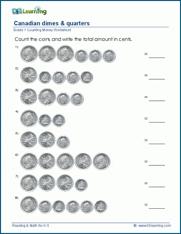 grade 1 counting money worksheets dimes and quarters canadian k5 learning