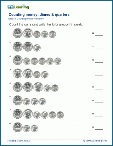 grade 1 counting money worksheets dimes and quarters k5 learning