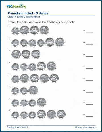 Grade 1 Counting Money Worksheets Nickels And Dimes Canadian K5 Learning