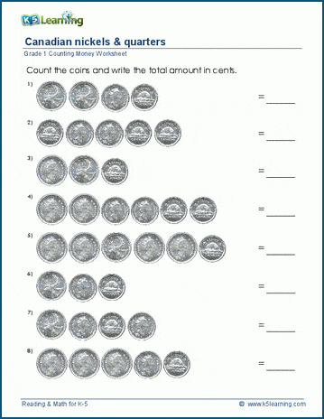 Grade 1 counting money worksheets - nickels and quarters ...