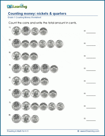 Grade 1 Counting Money Worksheets Nickels And Quarters K5 Learning - grade 1 counting money worksheet on nickels and quarters