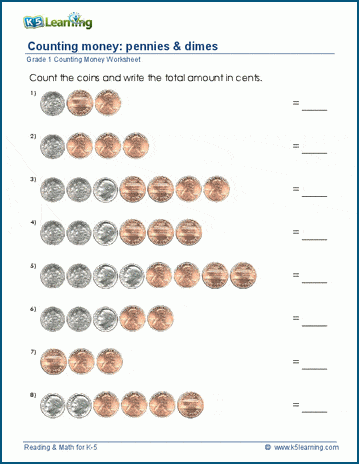 for grade coins worksheets 1 math dimes and  Grade 1 worksheets K5 money pennies   counting