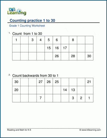 Counting practice (1-30) worksheets | K5 Learning