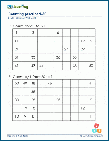 Counting Practice 1 50 Worksheets K5 Learning