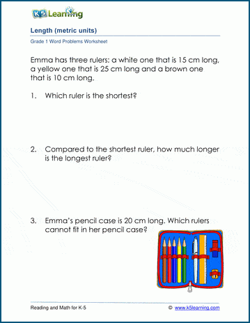 Length word problems (metric) worksheets for grade 1 | K5 Learning