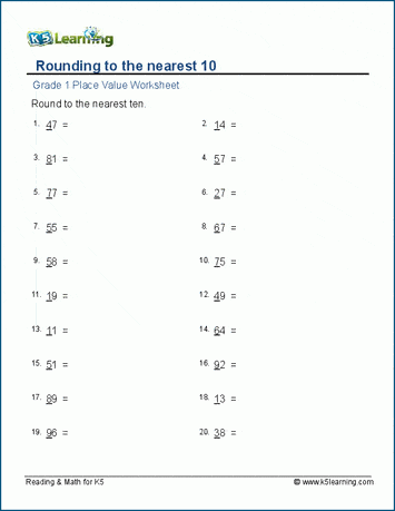 Grade 1 Math Worksheet - Place Value: Rounding To The Nearest 10 | K5 Learning
