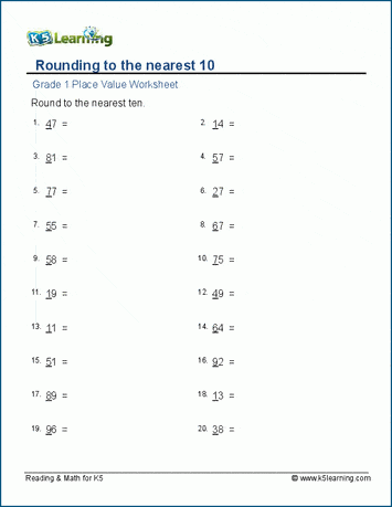 Grade 1 Math Worksheet Place Value Rounding To The Nearest 10 K5 Learning