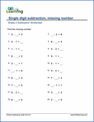 numbers grade math 1 missing for worksheets 1 Math missing Grade subtraction: digit Worksheet   Single