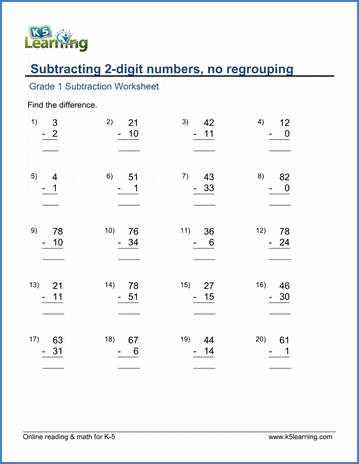 Grade 1 Math Worksheet - Subtracting 2-digit numbers (no regrouping) | K5 Learning