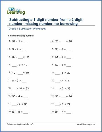 Subtracting a 1-digit number from a 2-digit number (missing numbers