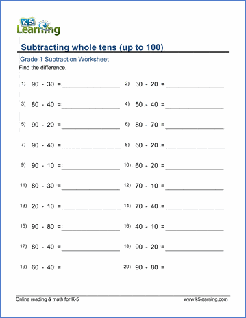 Grade 1 Math Worksheet - Subtracting Whole Tens (Up To 100) | K5 Learning