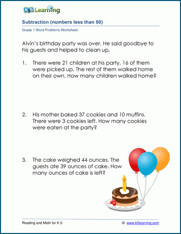 birthday worksheet problem word 1 K5 Learning grade  problems Subtraction for