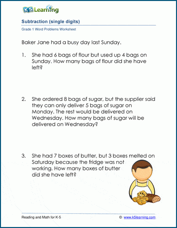 grade 1 word problems worksheet on subtraction of 1 digit numbers k5 learning