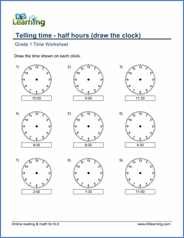 Grade 1 math worksheet - Telling time - half hours (draw the clock