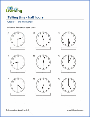 Grade 1 Math Worksheet Telling Time Half Hours K5 Learning