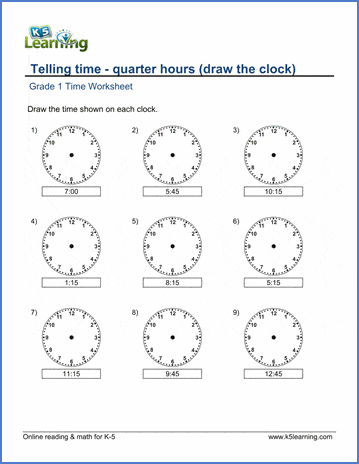 grade 1 math worksheet telling time quarter hours draw