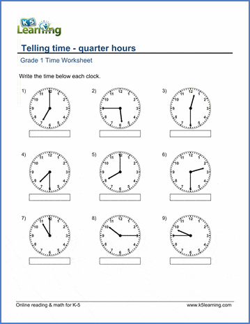 grade 1 telling time quarter hours