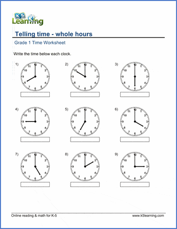 grade 1 math worksheet telling time whole hours k5 learning