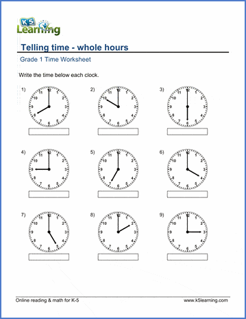 Grade 1 Math Worksheet - Telling Time - Whole Hours | K5 Learning