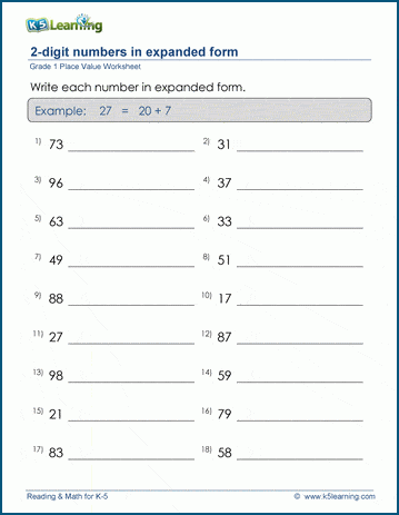 grade 1 place value worksheet 2 digit numbers in expanded form k5