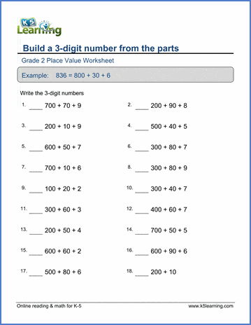 grade 2 place value worksheet build a 3 digit number from the parts