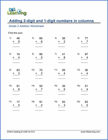 grade 2 worksheet adding 2 digit and 1 digit numbers in columns k5 learning