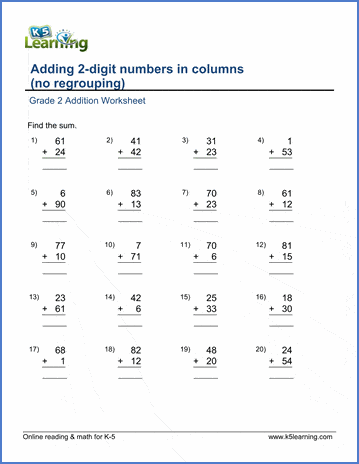 grade 2 math worksheet add 2 digit numbers in columns no regrouping