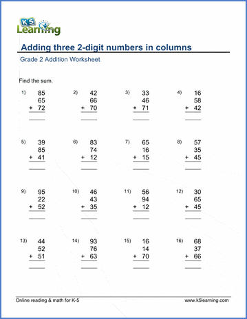 Grade 2 Math Worksheets - Adding three 2-digit numbers in 