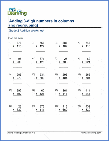Grade 2 Worksheet - add two 3-digit numbers in columns - no carrying