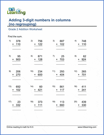 grade 2 worksheet add two 3 digit numbers in columns