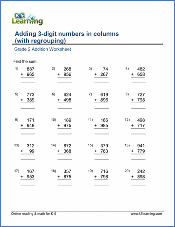 Terugspoelen etnisch Lastig Grade 2 Worksheet - Add two 3-digit numbers in columns, with carrying | K5  Learning
