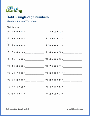 grade 2 math worksheets adding three single digit numbers k5 learning