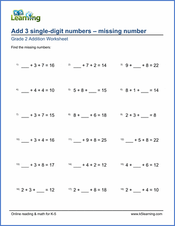 grade 2 math worksheets add 3 one digit numbers missing addends k5 learning