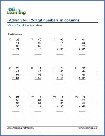 Grade 2 Math Worksheet Adding Four 2 Digit Numbers In Columns K5 Learning